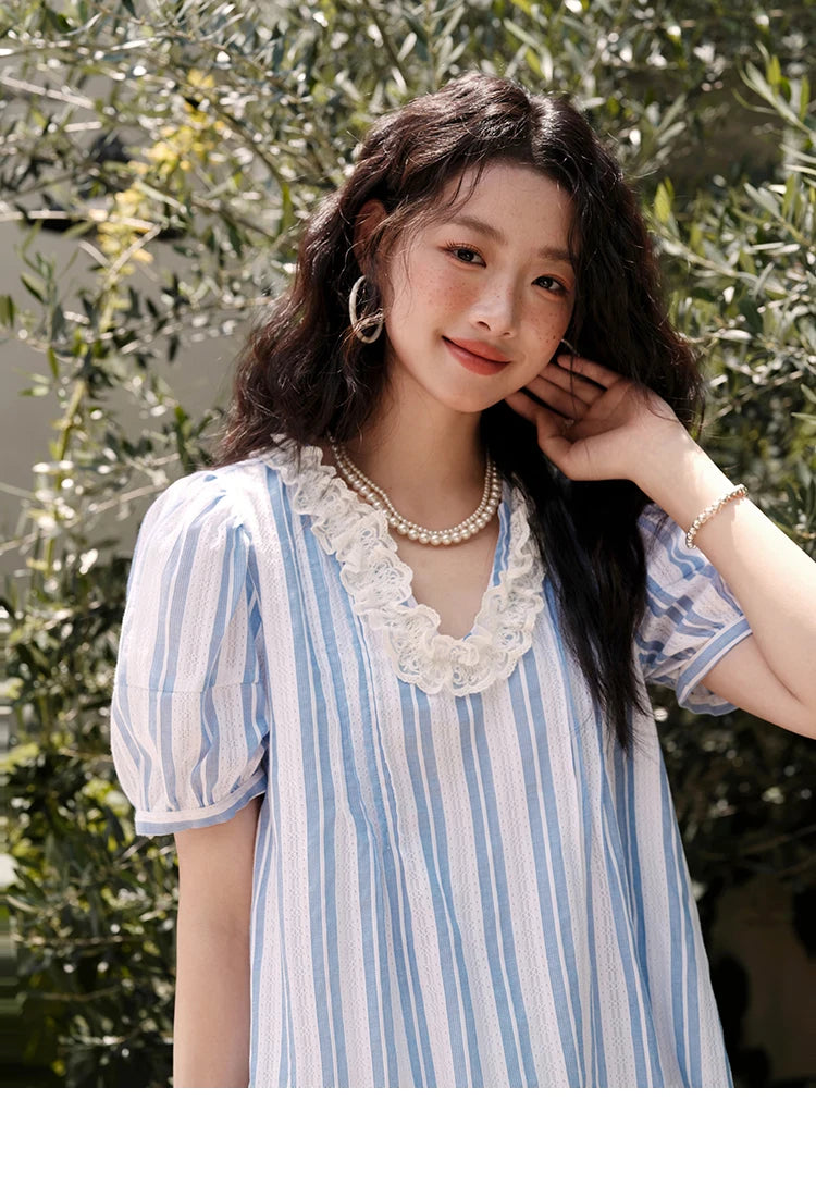 MISHOW 2025 Summer New 100% Cotton Striped Blouse Women Fashion Lantern Sleeve Lace V-neck Casual Top Ladies Clothing MXE36X1845