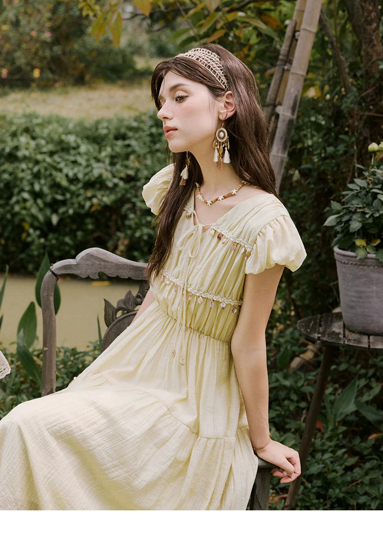 MISHOW Holiday Summer Dresses Women 2025 Solid V-neck Short Puff Sleeve Shell Ribbon High Waist Dress Woman Fashion MXE33L2193