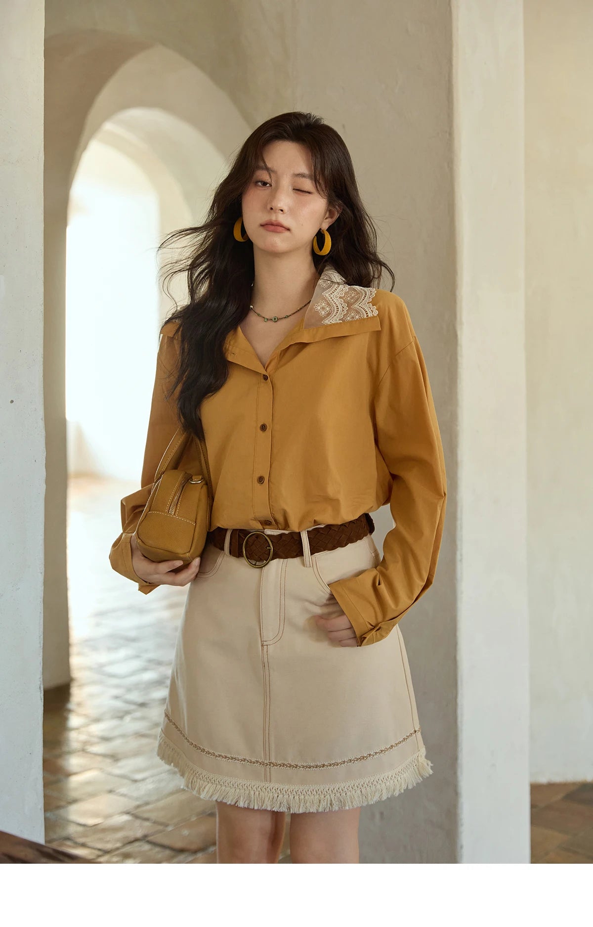 MISHOW Autumn Solid Cotton Shirt Autumn V-neck Double-layer Lace Retro Design Shirts Single Breasted Tops Office Lady MXE41C2366