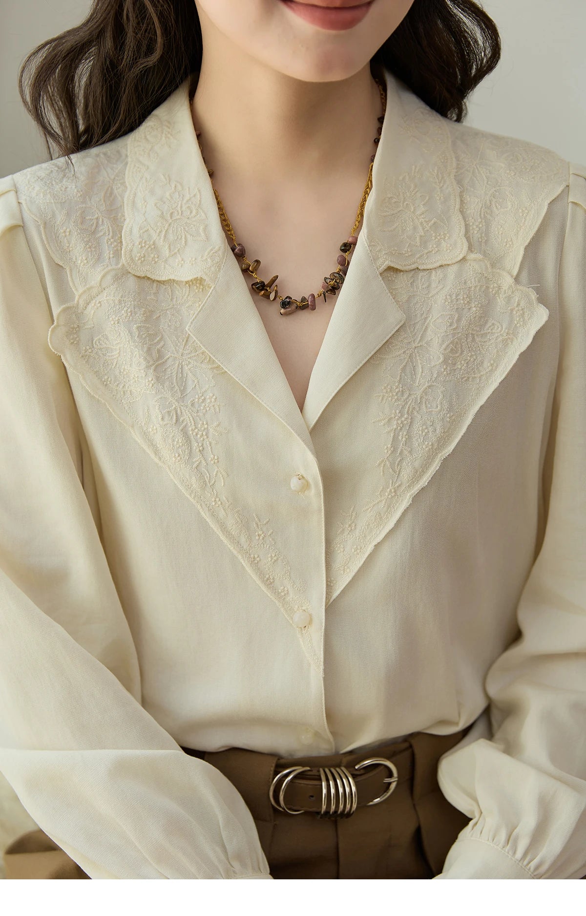 MISHOW Women's Casual Shirts 2025 Autumn Apricot Retro Lace V-neck Top Long Sleeve Lightweight Shirts Women Clothing MXE45X2486