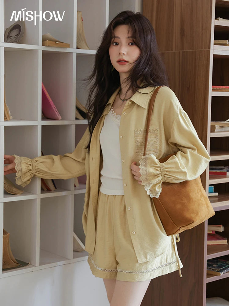 MISHOW Yellow Linen Three Piece Solid Splicing Lace Shirt Camisole Elastic Waist Shorts Vintage Hollowed Out Lace Set MXE42T0718