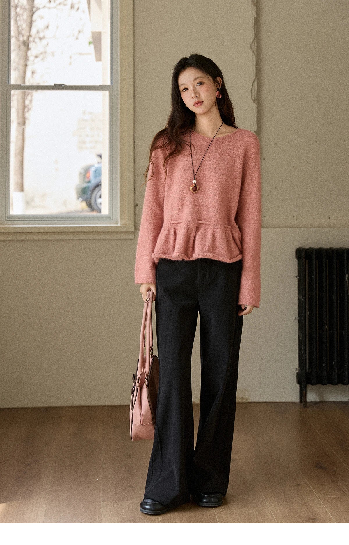 MISHOW Women's Pink Sweater 2025 Winter French Style Round Neck Knit Top Ruffled Hem with Drawstring Belt Pullover MXE90Z2824