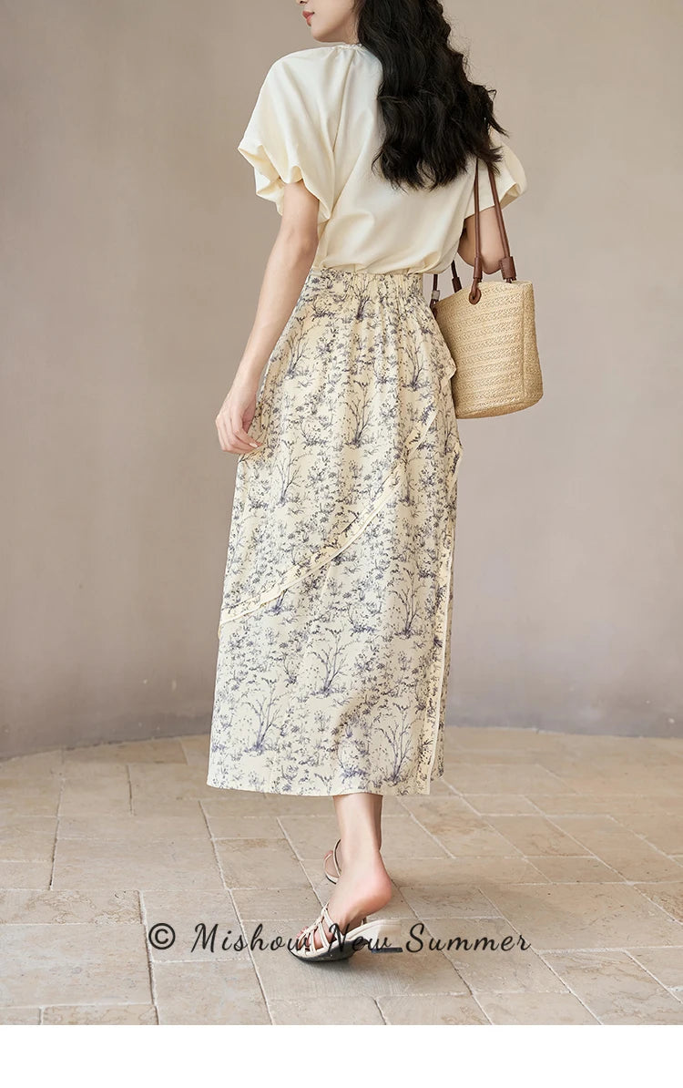 MISHOW Retro Floral Midi Skirt for Women Summer 2023 Side Split High Waist A-line Elegant Elastic Waist Long Skirts MXC37B0044