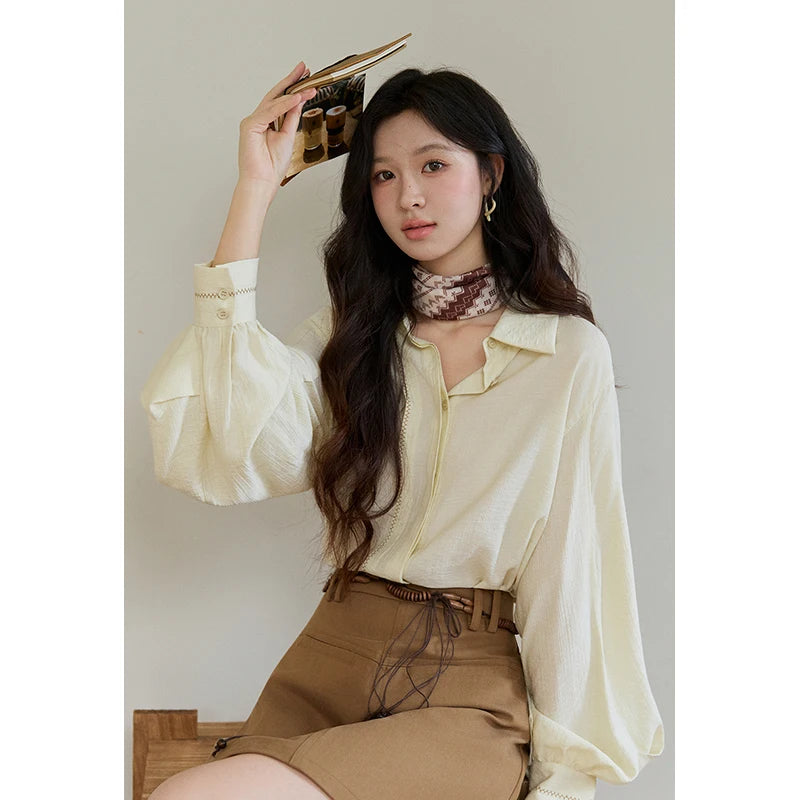 MISHOW Women's Lapel Lantern Sleeve Shirts 2026 Spring Lace Trim Casual Loose Breathable Solid Shirt Office Lady MXF13C2436