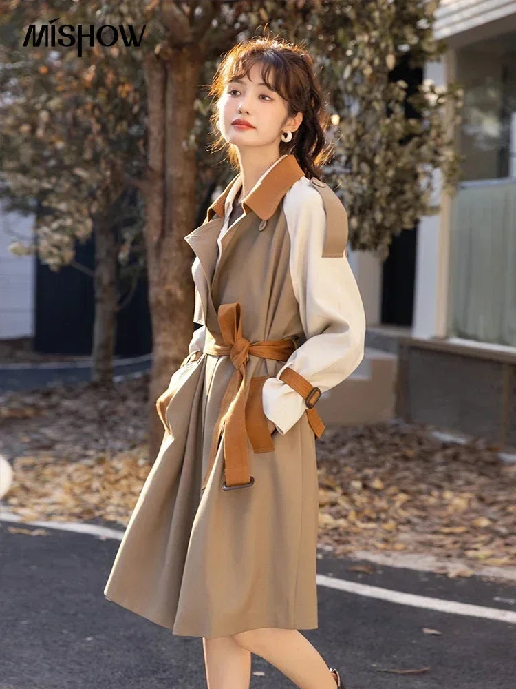MISHOW Autumn Women's Khaki Trench Contrast Color Woman Clothes Spliced Turn-down Collar All-match Casual Jacket MXB31W0367