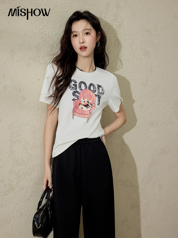 MISHOW Printed Cotton T-shirts for Women Spring 2025 Loose Slim Short Round Neck Tees Versatile Soft Casual Tops MXE13T0461