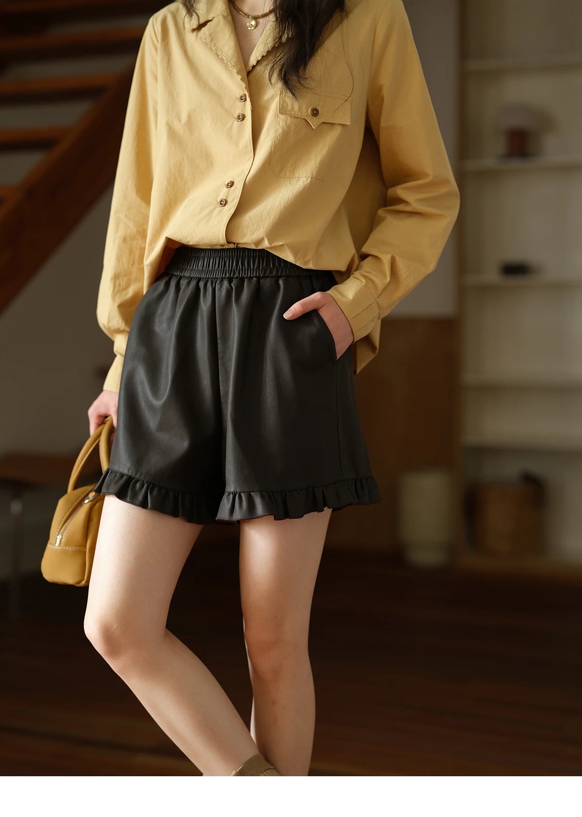 MISHOW Women's Retro Yellow Lapel Cotton Shirt 2025 Autumn Loose Casual Top Contrasting Button with Pocket Shirts MXE41C2356