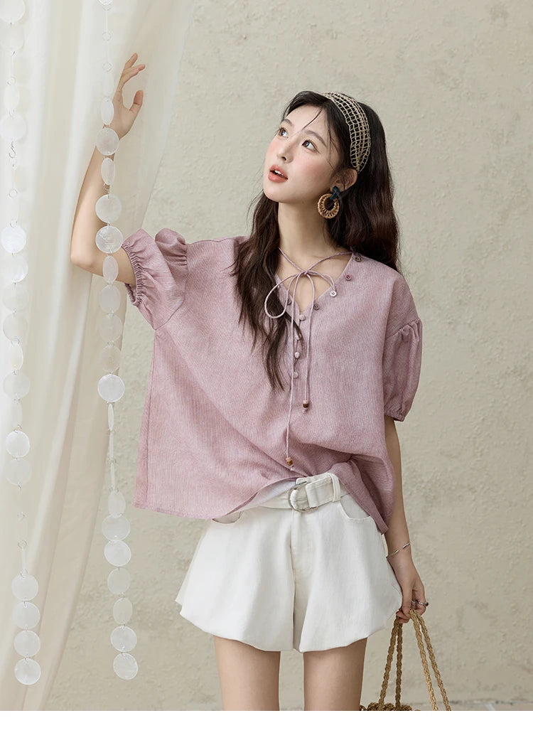 MISHOW French Summer Blouses Women Solid Short Puff Sleeve V-neck Lace-up Design Shirts Female Fashion Straight Tops MXE33X1743