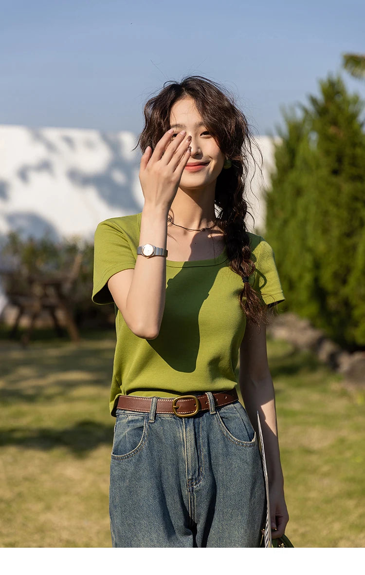 MISHOW Short Sleeve T-shirts Women Spring Solid Square-neck Top Elegant Woman Clothes Office Lady Cotton Tees MXC12T0641