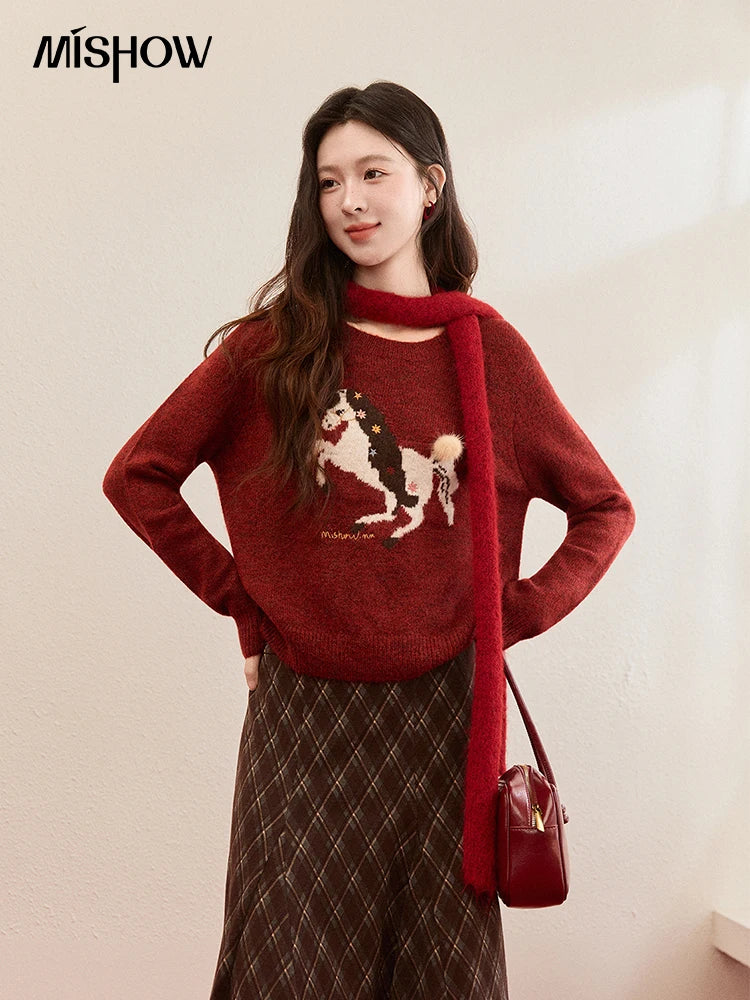 MISHOW Women's Christmas Red Jacquard Embroidered Pony Sweater 2025 Winter Thick Knitted Tops (Scarf Not Included) MXE94Z2861