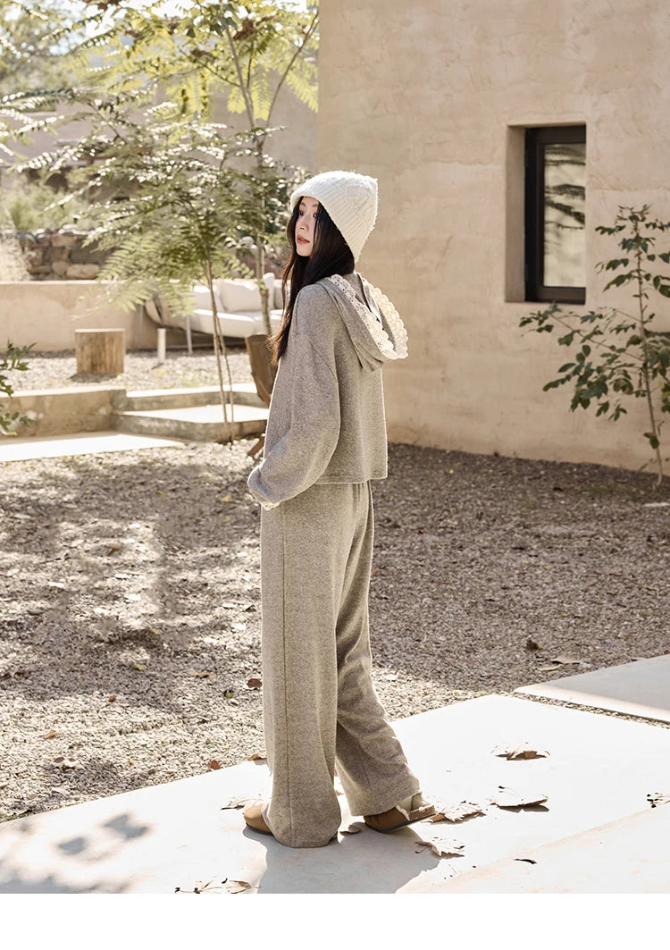 MISHOW Women's Sweatshirt Wide Leg Pants Separately 2025 Fall Winter Lace Splicing Hooded Casual Elastic Waist Pants MXD34V0098