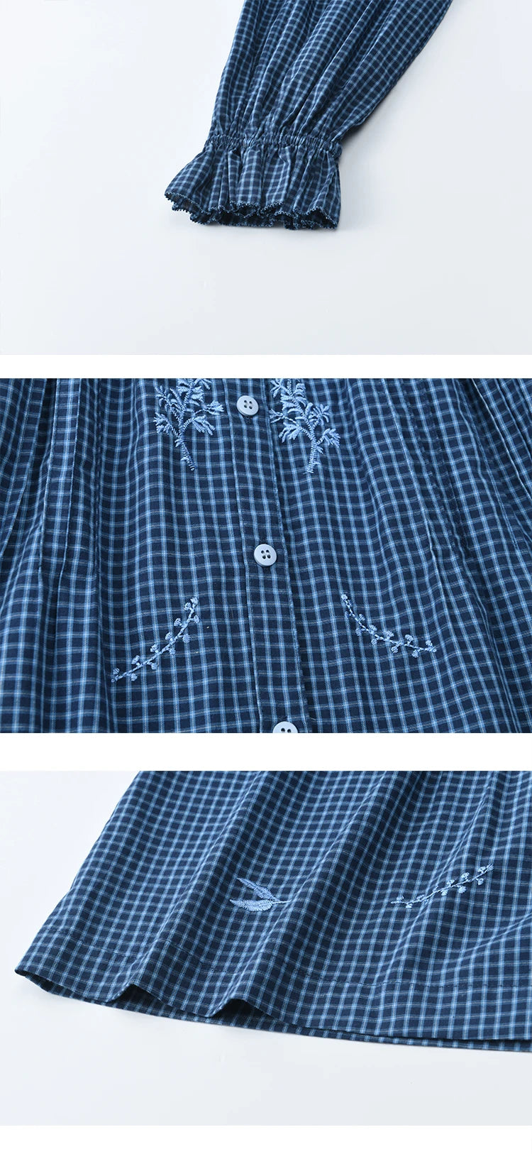 MISHOW Blue Plaid Embroidered Shirt Autumn 2025 Black Fungus Edge Collar Lace-up Doll Shirt 100cotton Loose Retro Top MXE44X2467