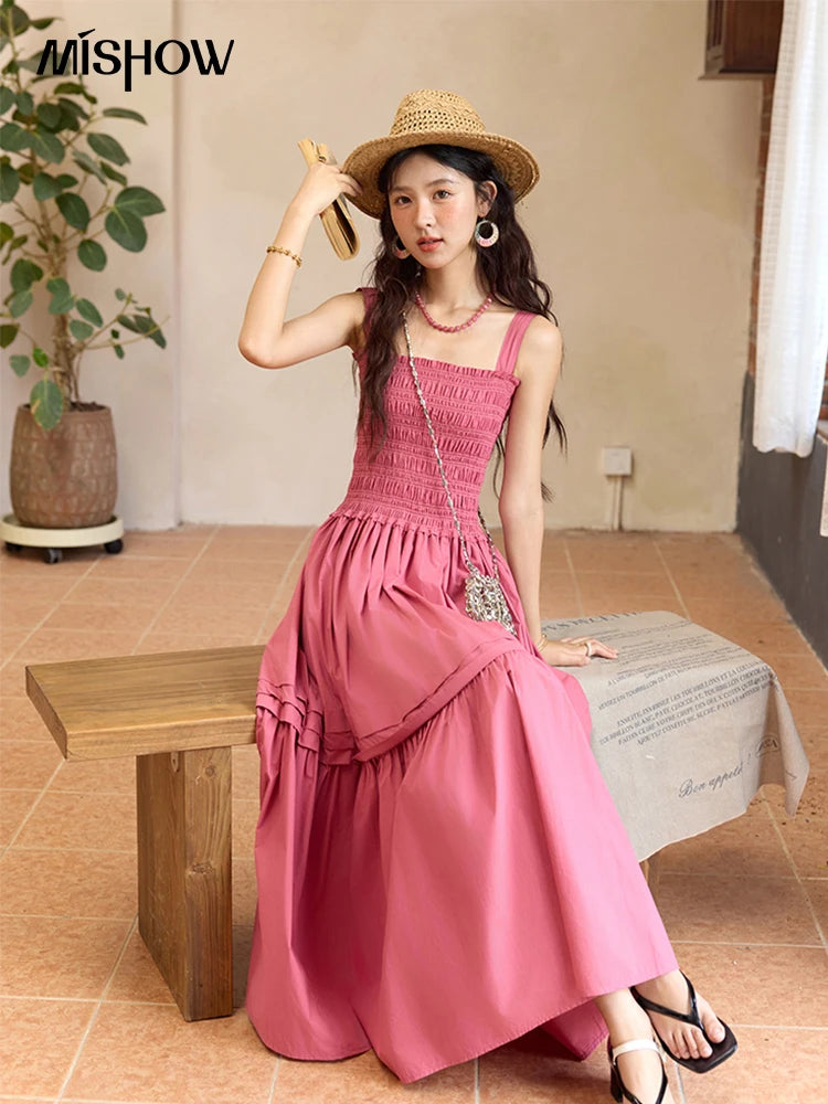 MISHOW Sling Square Collar Dress for Women 2025 Summer High Waist Pocket Fashion A-line Long Dress Ladies Clothing MXE36L2319