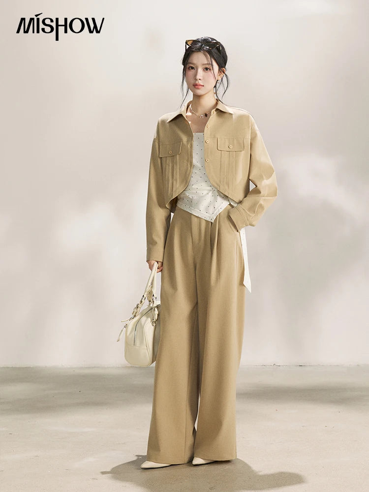 MISHOW Women's Khaki Three-Piece Set Spring Cropped Lapel Short Jacket Irregular Polka Dot Vest Wide Leg Pants Set MXF13T1478