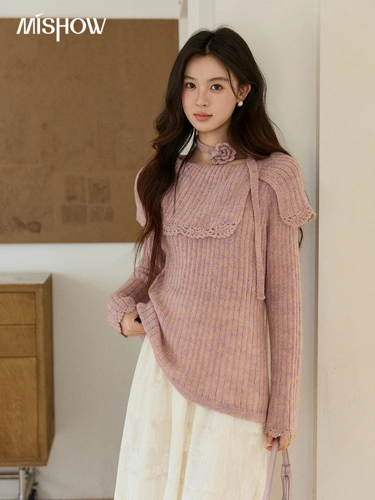 MISHOW Women's Pink Ribbed Knitted Sweater 2026 Spring Large Collar Lace Trim Belted Waist Long Sleeve Pullover Tops MXF11Z2901