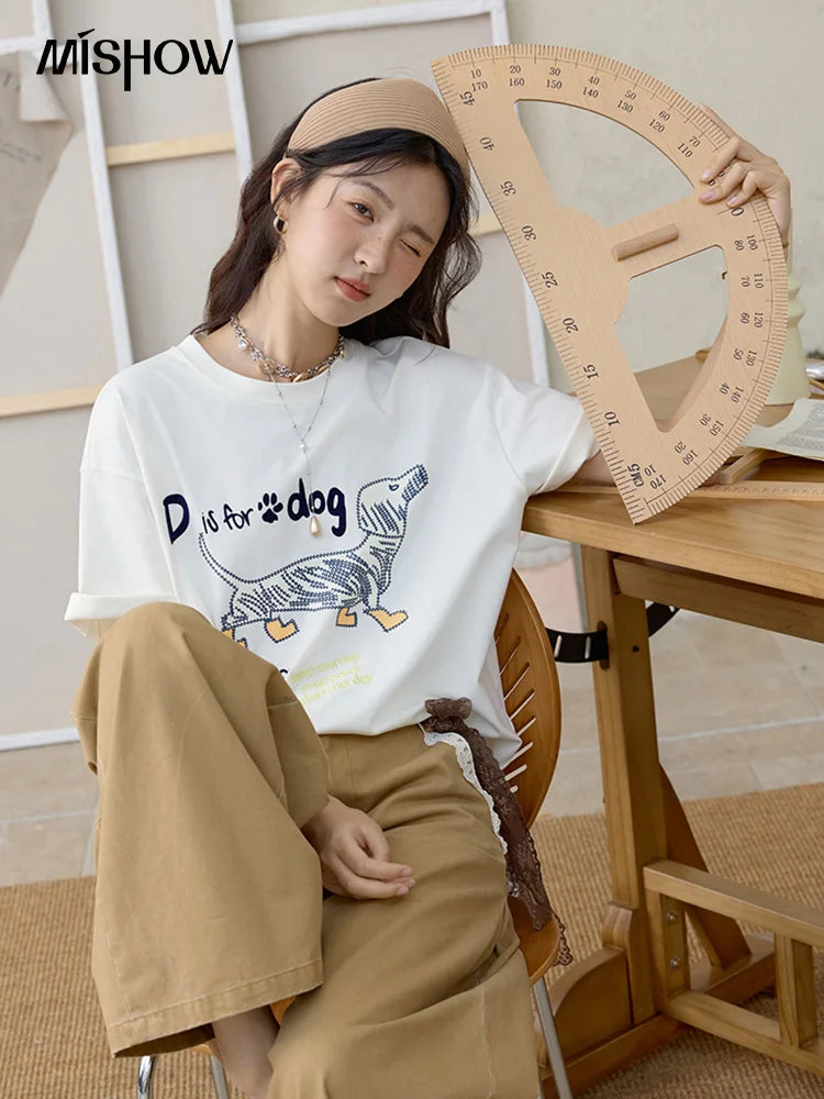 MISHOW Print Summer T-shirts Women 2025 Short Sleeve Round Neck Flocked Puppy Loose Shirt Female Casual Versatile Top MXE33T0542