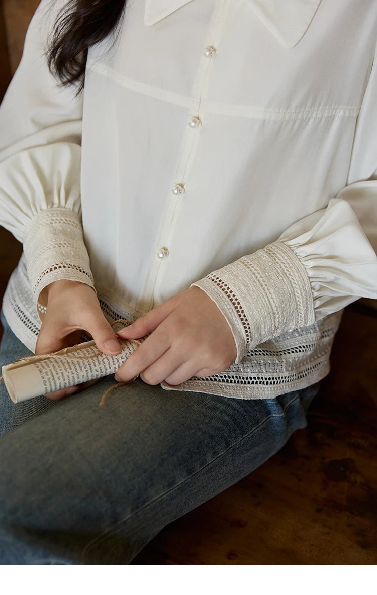 MISHOW Women's French Lace Patchwork Shirt 2025 Autumn Butterfly Collar Lantern Sleeves Apricot Elegant Commuting Top MXE41C2357