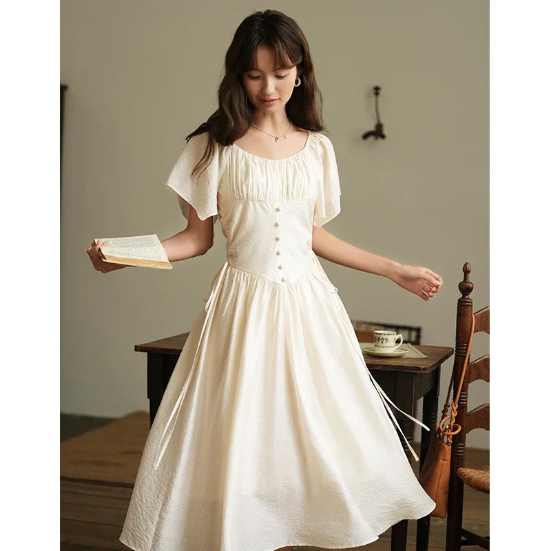 MISHOW Women's Elegant Dress 2023 Summer French A-LINE Butterfly Sleeve Square Collar Solid Lace-up Waist Dresses MXC38L1407