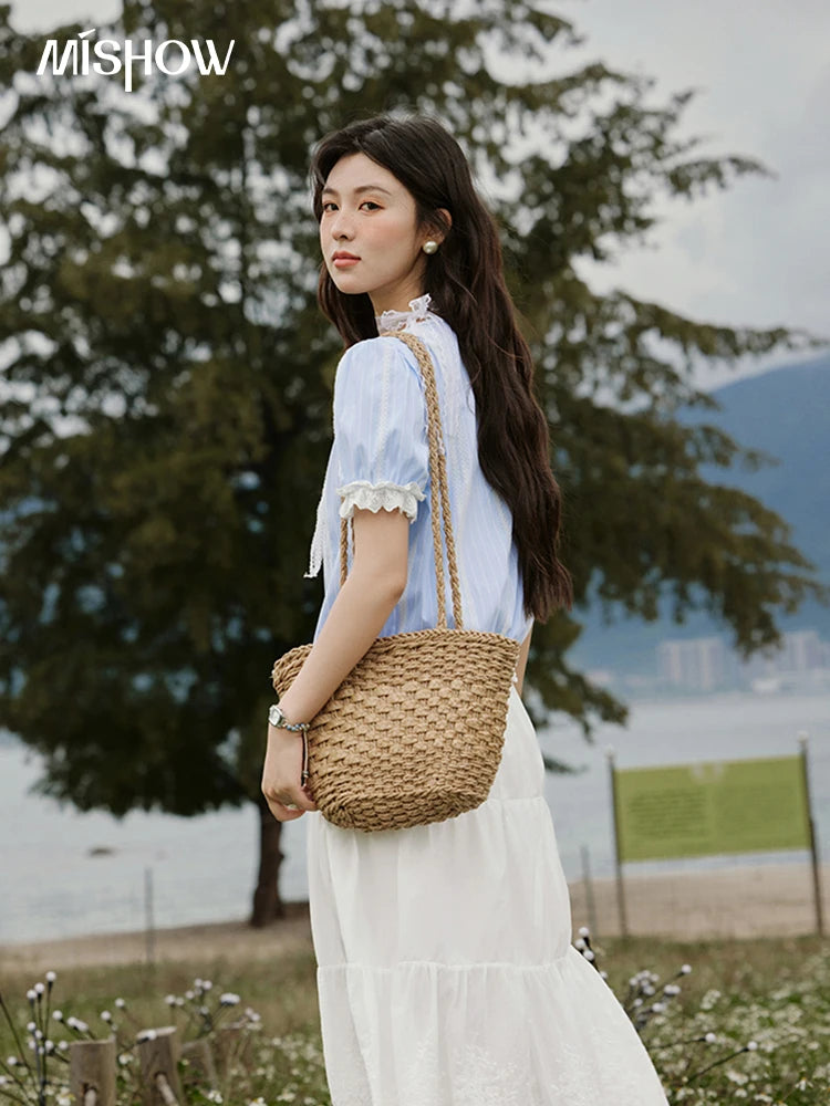 MISHOW French Striped Summer Blouses Women 2025 New Short Puff Sleeve Round Neck Lace Patchwork Shirts Fashion Tops MXE32X1759