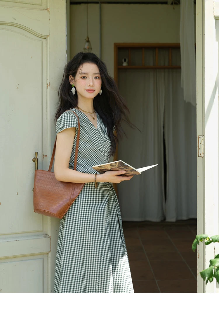 MISHOW Women's Fashion V-neck Dress 2025 Summer Office Lady Plaid Waist Cinched Sashes Short Sleeve Female Dresses MXE39L2410