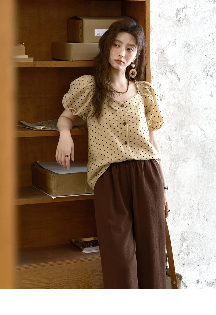 MISHOW Women's Polka Dot Puff Sleeve Blouse 2025 Summer New Ladies Button Retro Sweet V-neck Top Women's Clothing MXE37X1859