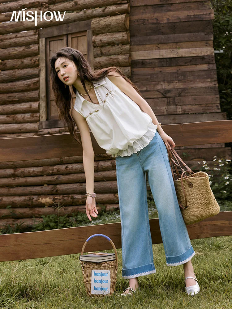 MISHOW Office Lady New Blouse Women Summer New Sleeveless Turn-down Collar Hollow Lace Shirts Female Slimming Fashion MXE31X1760