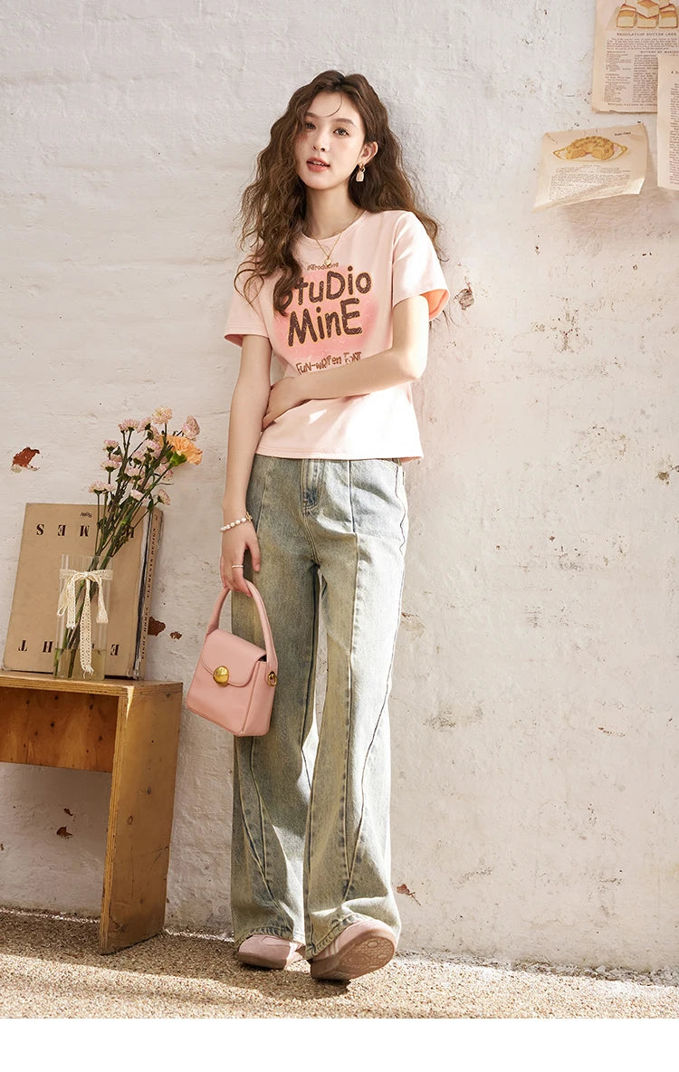 MISHOW Letter Print Short Sleeve T-shirt for Women 2024 Spring Summer New Loose Casual Tshirt Woman Crew Neck Tee Top MXD13T0164