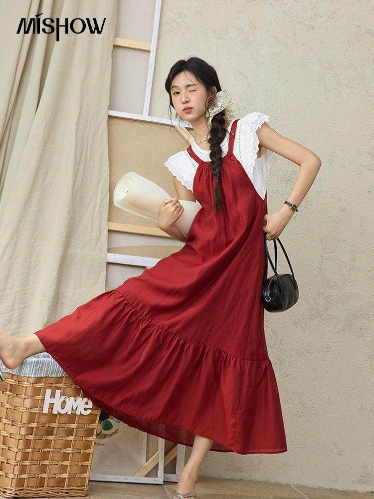 MISHOW Red Linen Strap Midi Dress Summer Sleeveless Casual Vacation Dress Hanging Neck Loose A-LINE Dress (Not A Set) MXE36L2309