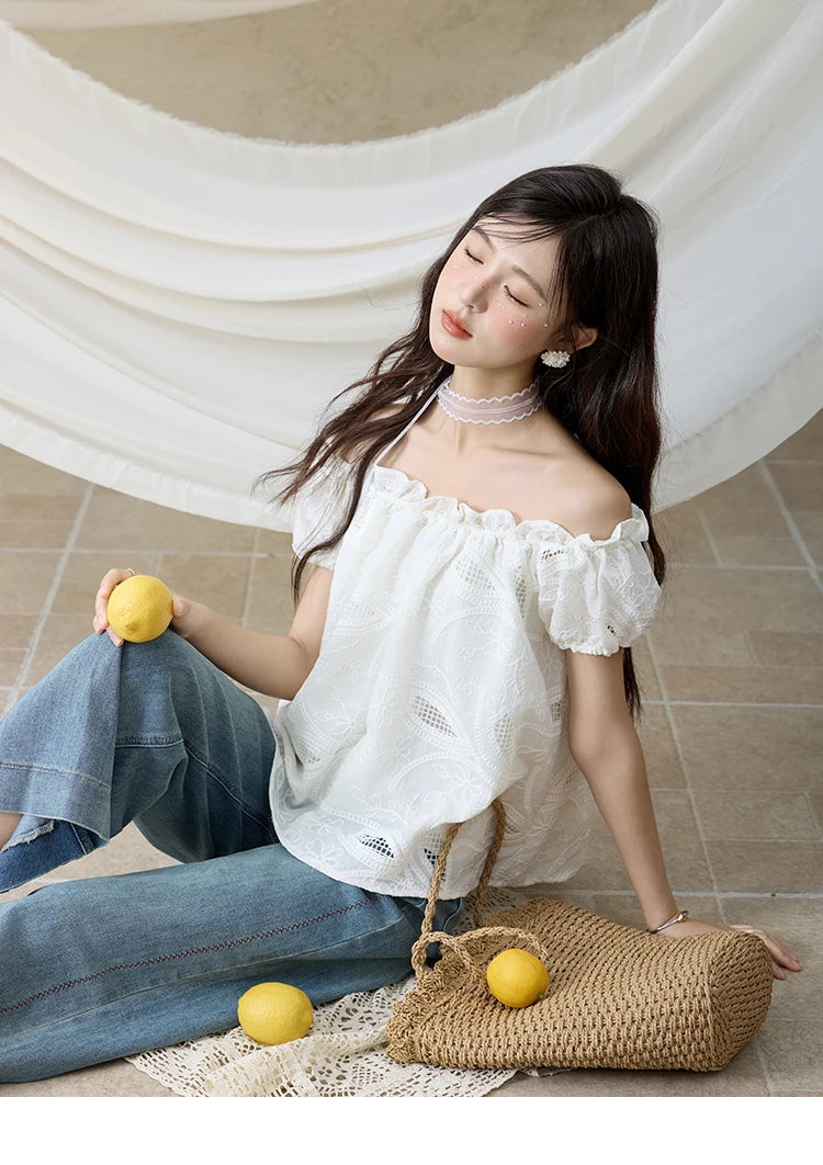 MISHOW French Summer Shirts Women New 2025 Slash Neck Short Sleeve Solid Lace Blouses Female Fashion Slim Tops Lady MXE35X1775