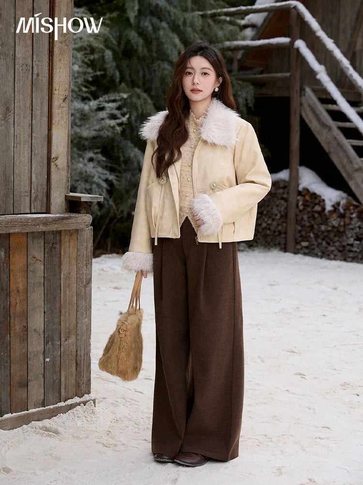 MISHOW Apricot Suede Jacket with Plush Collar Lapel for Women 2025 Winter Warm Overcoat Ladies Retro Thickening Coats MXE91W0987