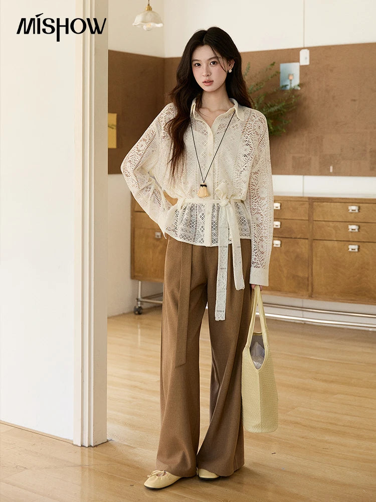 MISHOW Women's Hollow-out Lace Shirt Camisole Set 2026 Spring Lapel Drawstring Waist Sheer Casual Two-Piece Knitwear MXF108C0816