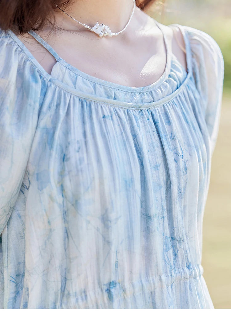 MISHOW Printed Blue Blending Chiffon Vacation Dress Spring 2025 Drawstring Waist Long Dress Lantern Sleeve Dresses MXE16L2114