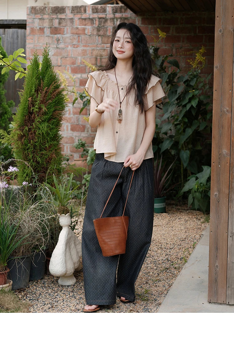 MISHOW Women's Fashion Polka Dot Pants Summer 2025 New High Waist Straight Pants Casual Button Zipper Wide Leg Jeans MXE38K0956