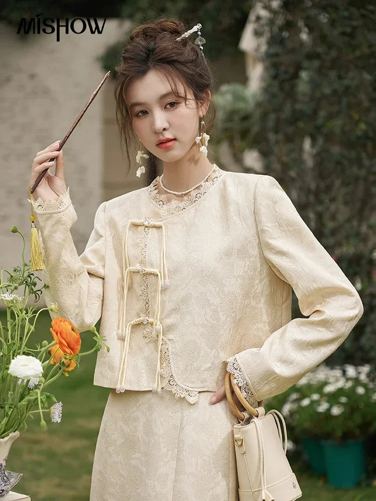 MISHOW Chinese Lace Edge Jacket Midi Skirts Separately Spring 2025 Elegant Top Irregular Jacquard Front Split Skirts MXD15W0370