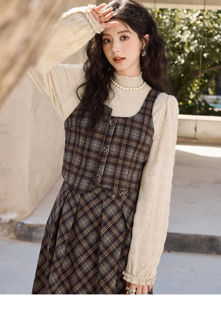 MISHOW Blue Plaid Vest Retro Skirt Separately Women 2024 Winter Retro Plaid Irregular Square Collar Top Midi Skirt MXD44W0454