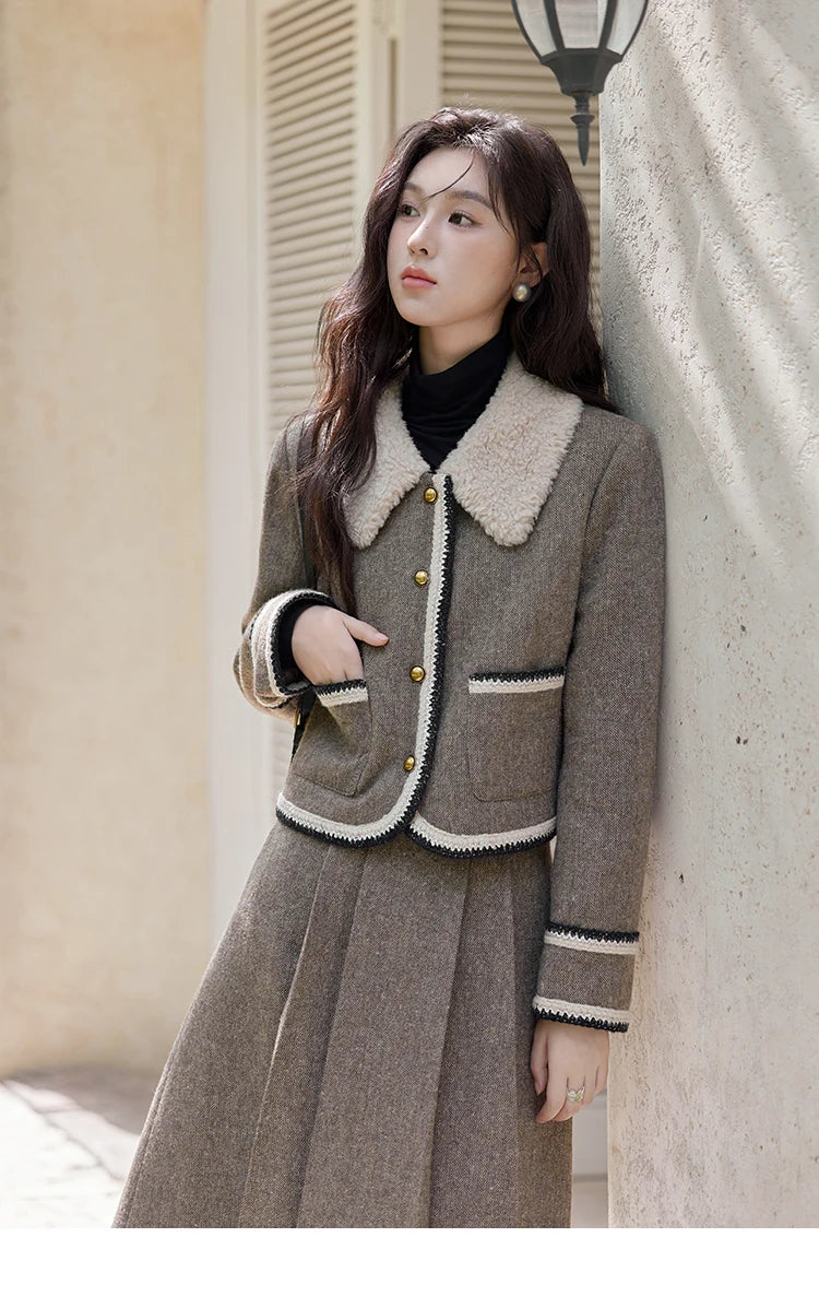 MISHOW Vintage Midi Skirts Coat Seprately Women 2024 Winter Turn Down Collar Plaid Tweed Jacket A-Line Pleated Skirt MXD56W0569