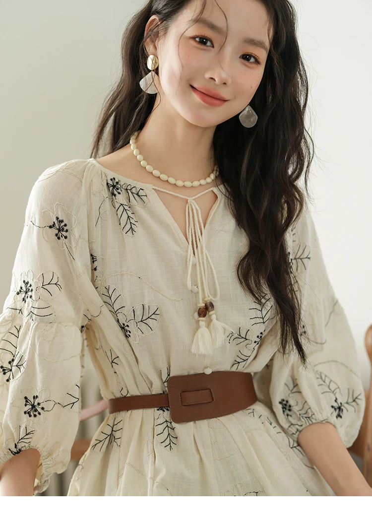 MISHOW Embroidered Doll Dress 2025 Seven Cent Lantern Sleeve Dress O-neck Tassel Lace-up Cotton Dress with Waist Belt MXE41L2480