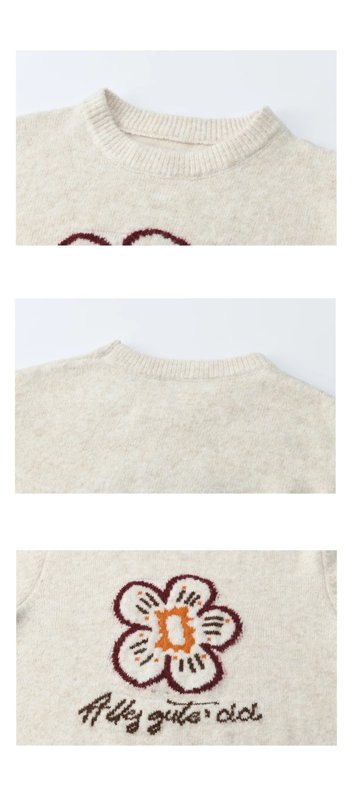 MISHOW Women's Beige Knitted Sweater 2025 Winter Flower Pattern Letter Print Tops O-neck Loose Warm Pullover Sweater MXE91Z2869