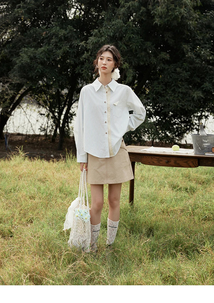 MISHOW Khaki A-line Short Skirt Spring 2025 100Cotton High Waist Versatile Skirt Zipper Pockets Skirt (Not with Belt) MXE15B0696