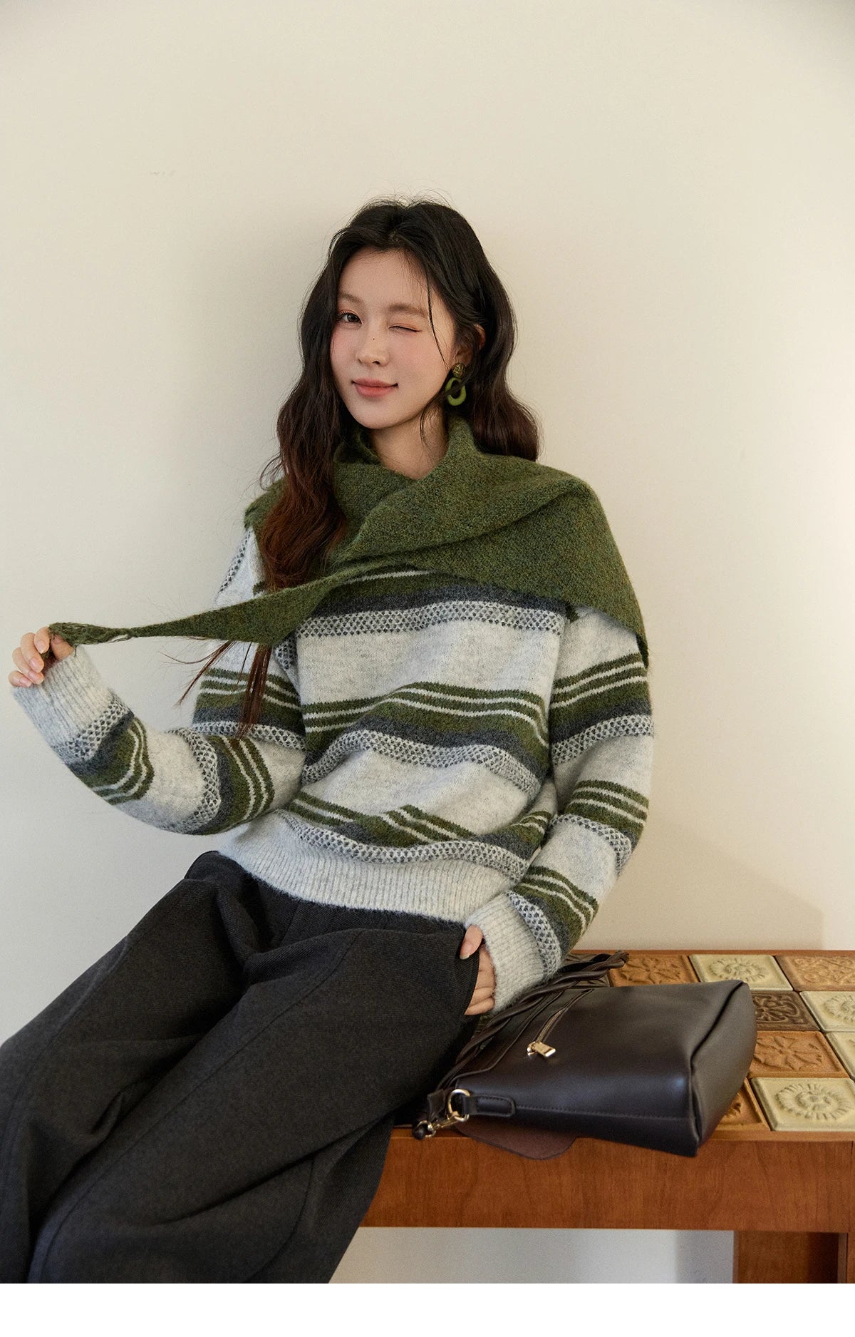 MISHOW Women's Wool Blend Retro Striped Sweater with Scarf Set 2025 Winter Knitted Round Neck Warm Loose Sweaters MXE94Z2987