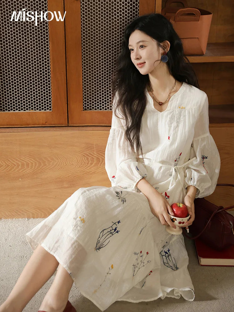 MISHOW Beige Flower Embroidered Dress for Women 2025 Autumn Curved Collar Lantern Sleeves Tied Waist Long Dresses MXE41L2487