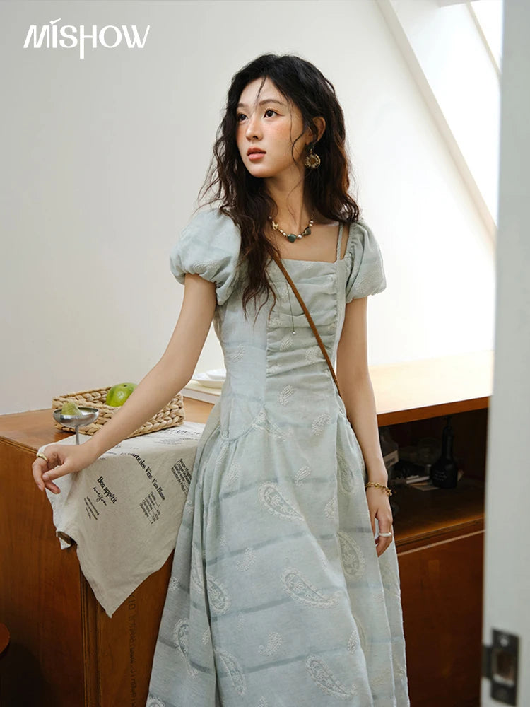MISHOW Fashion Embroidery A-line Dress for Women 2025 Summer Puff Sleeve Square Neck Vacation Dresses Female Clothing MXE34L2265