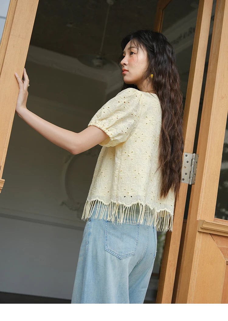 MISHOW Women's Fashion Hollow Out Blouse Summer 2025 Embroidery Puff Sleeve Square Collar Tassel Ladies Casual Top MXE37X1851