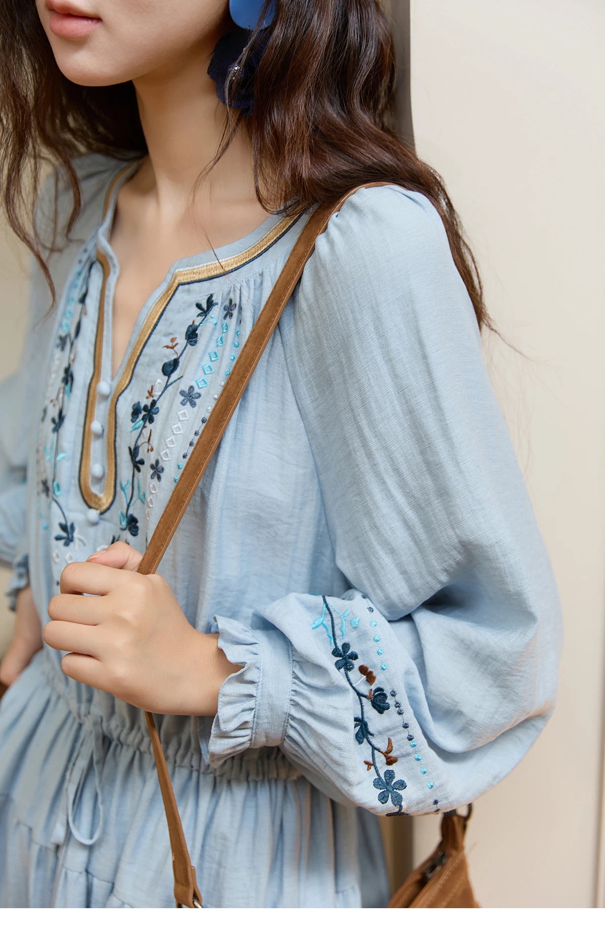 MISHOW Woman Long Sleeve Dress Autumn Elegant V-neck Embroidered Drawstring Waist Dress A-line Bohemian Midi Dresses MXE44L2489