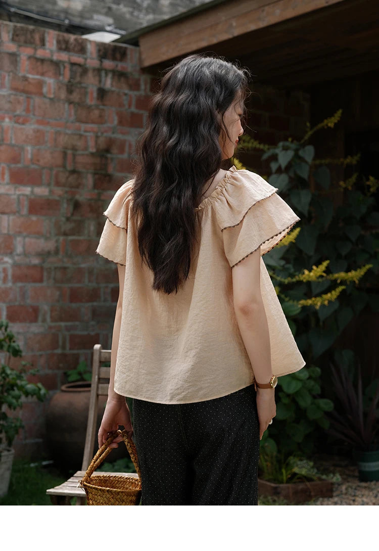 MISHOW Women's Fashion Butterfly Sleeve Blouse Summer 2025 New Loose Casual Square Neck Button Top Women's Clothing MXE37X1854