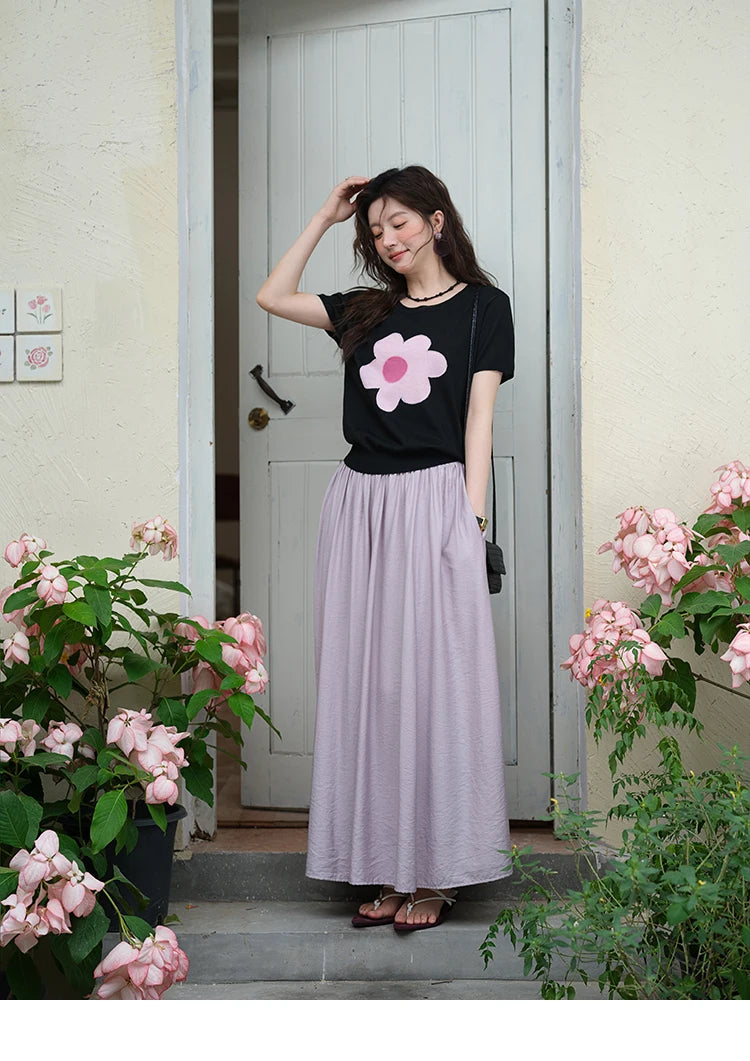 MISHOW Contrast Color Flower Knitted T-shirts for women 2025 Summer New Round Neck Top Women's Clothing Commute Tee MXE39Z1311