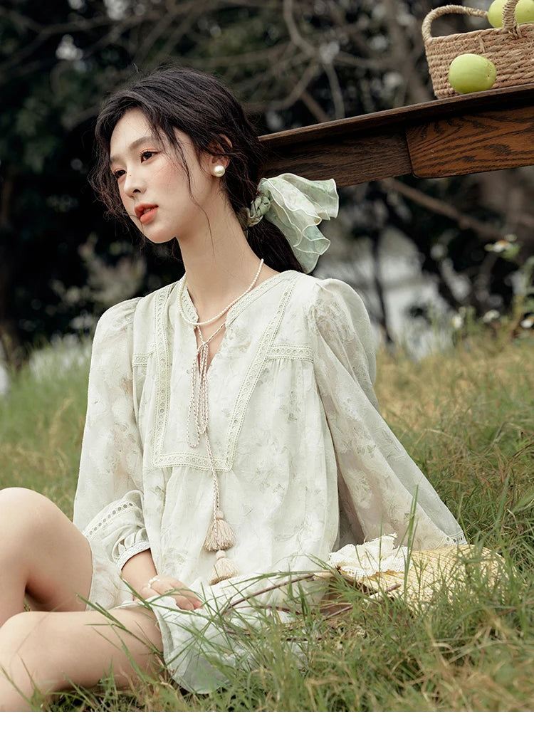 MISHOW Floral V-neck Drawn Tassels Dresses 2025 Spring Summer Hollow Out Lantern Sleeve Dresses Vacation Doll Dress MXE15L2121