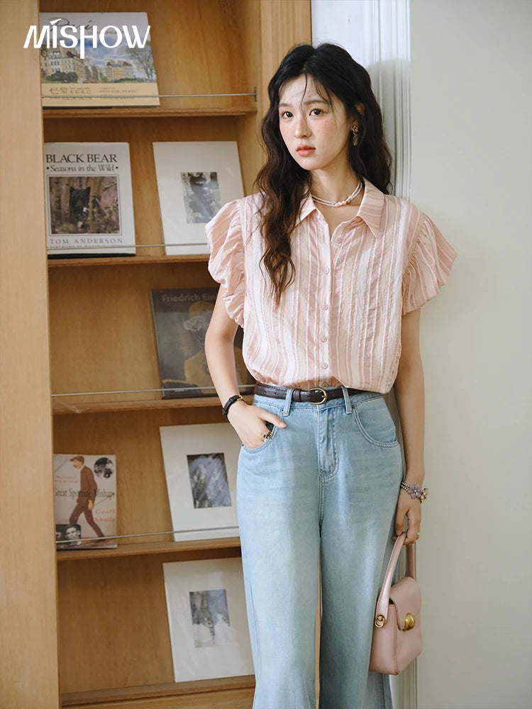 MISHOW Pink Turn-down Collar Flower Bud Sleeve Shirt for Women 2025 Summer New Women's Clothing Button Striped Shirt MXD24C0204