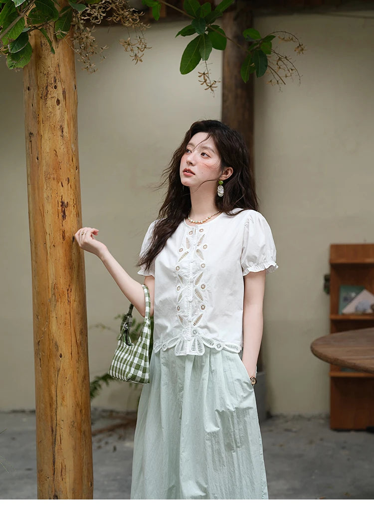 MISHOW 100%Cotton Hollow Embroidery Round Neck Shirt for Women 2025 Summer Puff Sleeve Casual Top Women's Clothing MXE39X1938