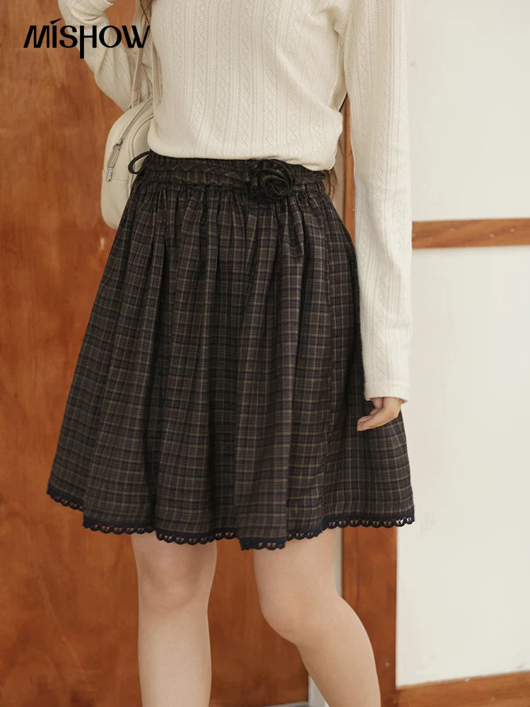MISHOW Green Plaid Short Skirt Autumn Handmade Flower Tie Brushed Fabric Skirt Elastic Waist Hem Splic Lace Skirts MXE44B2407